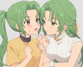  2girls assertive_female blush breasts closed_mouth commentary_request eye_contact green_eyes green_hair grey_background hair_ribbon hand_on_another's_chin highres higurashi_no_naku_koro_ni index_finger_raised long_hair looking_at_another medium_breasts multiple_girls murara open_mouth ponytail ribbed_sweater ribbon shirt short_sleeves siblings sisters sketch sleeveless sleeveless_sweater sonozaki_mion sonozaki_shion sweatdrop sweater t-shirt upper_body wavy_mouth white_sweater yellow_ribbon yellow_shirt yuri 