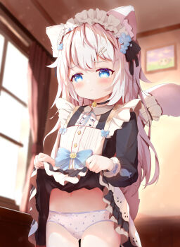  1girl absurdres animal_ear_fluff animal_ears apron bell black_dress blue_eyes blush cat_ears cat_girl cat_tail clothes_lift dress dress_lift freebird_(pixiv_110005620) highres indoors jingle_bell lifting_own_clothes loli long_hair maid maid_headdress navel neck_bell original panties polka_dot polka_dot_panties solo tail underwear white_apron white_hair white_panties window 