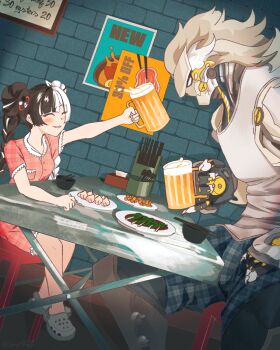  1boy 1girl alcohol alternate_costume arm_on_table arm_rest artificial_eye banyue_(zenless_zone_zero) beer black_hair blue_shorts blush bongodoggo bowl braid braided_twintails chair chopsticks claws closed_mouth clothed_robot commentary crocs cup cutlery dialyn_(zenless_zone_zero) double_bun dress drink english_commentary english_text food from_side grey_hair hair_bun highres holding holding_cup humanoid_robot long_hair mechanical_eye mechanical_hands metal_skin multicolored_hair on_chair outstretched_arm pink_dress plaid_clothes plaid_dress plaid_shorts plate poster_(object) robot robot_boy shorts sitting split-color_hair spoon table tank_top white_hair white_tank_top zenless_zone_zero 