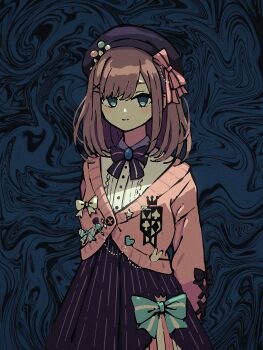  1girl black_bow blue_background blue_eyes blush_stickers bow bowtie brown_hair cardigan closed_mouth collared_shirt cowboy_shot hair_bow hat highres long_hair long_sleeves looking_at_viewer nijisanji nkymyura pink_bow pink_cardigan purple_bow purple_bowtie purple_hat purple_skirt shirt skirt sleeve_bow smile solo striped_bow striped_bowtie striped_clothes striped_skirt suzuhara_lulu vertical-striped_clothes vertical-striped_skirt virtual_youtuber white_shirt 