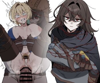  after_vaginal anal aqua_eyes bar_censor barbed_wire bell_bearing_hunter_(elden_ring) black_cloak blonde_hair boots breasts brown_hair censored clenched_teeth cloak closed_mouth commentary_request cum cum_in_pussy cum_overflow earrings elden_ring elden_ring_nightreign eyes_visible_through_hair female_pubic_hair full_nelson futa_with_female futanari green_eyes hair_between_eyes idzuki_kenkyu-in jewelry large_breasts leg_grab lifting_person long_hair looking_at_viewer looking_up nipples penis pubic_hair pussy red_eyes rolling_eyes sex short_hair simple_background single_earring smile sweat teeth thigh_boots thorns white_background wylder_(elden_ring) 