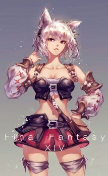  1girl absurdres animal_ears baiyunlishui bare_shoulders belt black_belt black_skirt black_tube_top breasts brown_belt brown_wrist_cuffs cat_ears cat_girl check_species cleavage collarbone commentary_request copyright_name cowboy_shot detached_sleeves facial_mark final_fantasy final_fantasy_xiv gradient_background hand_on_own_hip hand_up highres leather_belt leather_wrist_cuffs light_particles light_smile long_sleeves looking_at_viewer medium_breasts medium_hair messy_hair microskirt midriff navel original parted_lips red_eyes red_skirt shoulder_belt skirt solo species_request standing strapless tube_top two-tone_skirt two-tone_tube_top warrior_of_light_(ff14) white_hair white_sleeves white_tube_top wrist_cuffs 