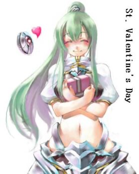  commentary_request cowboy_shot curvy gift green_hair heart holding holding_gift long_hair lowres navel original sachito simple_background sumi-chan_(sachito) valentine white_background yellow_eyes 