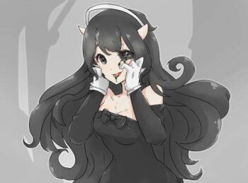  1girl alice_(bendy_and_the_ink_machine) bendy_and_the_ink_machine black_hair black_lips breasts choker cleavage gloves halo horns  rating:Sensitive score:4 user:twilight_jester