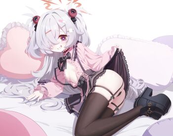  1girl absurdres alternate_costume ass black_bow black_bowtie black_garter_straps black_panties black_shoes black_skirt black_thighhighs blue_archive bow bowtie breasts clothes_lift frilled_shirt frills garter_straps grey_hair hair_bobbles hair_ornament hair_over_one_eye hairclip halo hashtag-only_commentary heart heart-shaped_pupils high-waist_skirt highres jirai_kei kanoe_(blue_archive) lifting_own_clothes long_hair no_bra od_sey orange_eyes orange_halo panties partially_unbuttoned pill_hair_ornament pink_shirt platform_shoes shirt shoes skirt skirt_lift small_breasts smile solo symbol-shaped_pupils thighhighs two_side_up underwear 