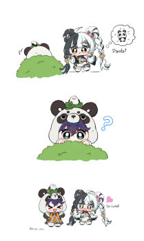  >_< 2girls ? ahoge belle_(delicate_sunlight)_(zenless_zone_zero) belle_(zenless_zone_zero) black_hair blue_hair blush braid braided_twintails bush chibi chibi_only chinese_clothes closed_eyes commentary crossed_bangs detached_sleeves dialyn_(zenless_zone_zero) dress dress_over_shirt earrings english_text green_eyes hair_extensions hair_ornament hairclip hand_up hands_up heart highres hue_oo jewelry long_hair motion_lines multicolored_hair multiple_girls necktie official_alternate_costume open_mouth orange_dress panda panda_hair_ornament panda_hat ring_hair_extensions simple_background speech_bubble split-color_hair thighhighs thought_bubble twitter_username white_background white_dress white_hair white_thighhighs yellow_eyes yellow_necktie zenless_zone_zero 