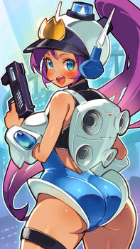  1girl :d absurdres arm_guards armor ass bare_shoulders black_tank_top blue_background blue_eyes blue_leotard blush bracer breastplate commentary cosplay dot_nose english_commentary from_behind gun helmet high_ponytail highres holding holding_gun holding_weapon jetpack leotard life_is_pi long_hair looking_at_viewer looking_back mighty_switch_force! open_mouth outline paid_reward_available patricia_wagon patricia_wagon_(cosplay) police_siren ponytail purple_hair shantae shantae_(series) sidelocks skin_tight smile solo tank_top teeth thigh_strap turning_head upper_teeth_only very_long_hair weapon white_armor white_outline white_trim 