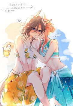  2girls 3026233904yin air_groove_(seaside_bloom)_(umamusume) air_groove_(umamusume) animal_ears bikini blue_bikini blush breasts brown_hair commentary cup groin hair_bun highres holding holding_cup horse_ears horse_girl jewelry multiple_girls navel official_alternate_costume official_alternate_hairstyle purple_eyes short_hair silence_suzuka_(emerald_on_the_waves)_(umamusume) silence_suzuka_(umamusume) sitting small_breasts speech_bubble spoken_squiggle squiggle sweat swimsuit translation_request umamusume untranslatable_commentary upper_body white_bikini yuri 