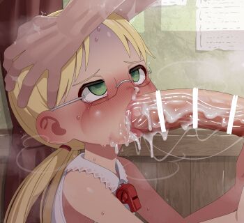  1boy 1girl absurdres bar_censor blonde_hair blush censored cheek_bulge closed_eyes cum cum_in_mouth cum_in_nose cum_on_body cum_on_penis curtains erection facial fellatio glasses hetero highres indoors large_variant_set licking licking_penis loli made_in_abyss mizumizuni nose_blush oral penis precum riko_(made_in_abyss) saliva solo_focus sweat tearing_up tongue tongue_out twintails variant_set veins veiny_penis whistle whistle_around_neck 