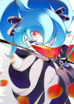 1girl alternate_color bare_shoulders black_dress black_gloves blue_hair blurry blurry_foreground bright_pupils chromatic_aberration closed_mouth colored_skin cynthia_(pokemon) dress elbow_gloves female_focus from_above fusion gardevoir gen_3_pokemon glint gloves grey_background hair_ornament hair_over_one_eye happy iteza_flower. long_dress long_hair looking_at_viewer looking_up mega_gardevoir mega_pokemon one_eye_covered orange_eyes petals pokemon pokemon_dppt shiny_pokemon sidelocks smile solo standing strapless strapless_dress white_pupils white_skin