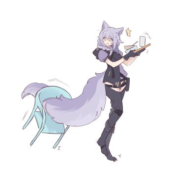  1girl ^^^ animal_ears arknights belt black_belt black_jacket black_pants braid chair chestnut_mouth chinese_commentary claws clothing_cutout commentary_request highres holding holding_tray inconvenient_tail jacket kaleka looking_back pants provence_(arknights) puffy_short_sleeves puffy_sleeves purple_hair short_hair short_sleeves simple_background solo stuck surprised tail thigh_cutout tray white_background wolf_ears wolf_girl wolf_tail yellow_eyes 