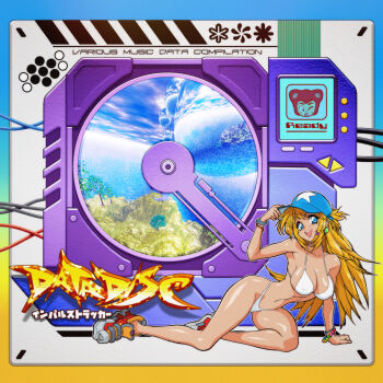  1990s_(style) 1girl 3d_background :d album_cover album_name armpits artist_logo asterisk_(symbol) bare_legs baseball_cap bead_bracelet beads bikini blonde_hair blue_eyes border bracelet breasts bubble cable commentary cover covered_erect_nipples earrings english_commentary english_text faux_retro_artstyle full_body gradient_border hand_on_ground hand_on_own_hat hard_drive hat highleg highleg_bikini highres horizon island jewelry large_breasts lcd logo long_hair looking_at_viewer mixed_media navel no_pupils ocean open_mouth original outline outside_border platform_shoes retro_artstyle shoes short_sleeves shorts sitting sky smile sneakers solo sphere_earrings sports_bra swimsuit system_st91 thighhighs translation_request tree turning_head underwear vaporwave watch white_bikini white_outline wings wristwatch 