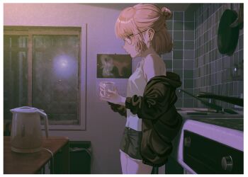  1girl absurdres bare_shoulders black_jacket border breasts cat closed_mouth commentary_request cowboy cup cutoffs denim denim_shorts door ear_piercing from_side frying_pan glasses hair_bun hair_ornament hand_up heart highres holding holding_cup hood hood_down indoors jacket jar kettle kitchen kyano_(kyanora3141) long_sleeves looking_ahead off_shoulder open_clothes open_jacket original piercing pink_eyes pink_hair portrait_(object) profile short_hair short_shorts shorts sidelocks single_hair_bun small_breasts solo standing steaming_cup table tank_top thighs tile_wall tiles western white_border white_tank_top window 