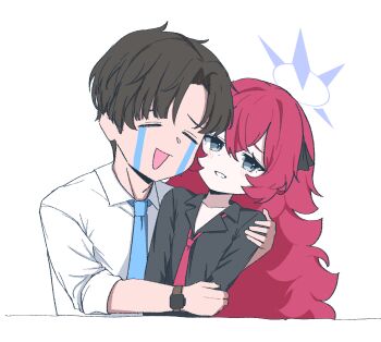  1boy 1girl adam's_apple black_ribbon black_shirt blue_archive blue_necktie blush brown_hair closed_eyes collarbone commentary_request crying crying_emoji curtained_hair double-parted_bangs dress_shirt emoji flat_chest grey_eyes grin hair_intakes hair_ribbon halo happy_tears hetero highres hug iro_(kzs_kyu7) iroha_(blue_archive) long_hair loose_necktie messy_hair necktie open_mouth purple_halo raised_inner_eyebrows red_hair red_necktie ribbon sensei_(blue_archive) sensei_(blue_archive_the_animation) shirt short_hair sidelocks simple_background sleeves_rolled_up smile sobbing streaming_tears tears very_long_hair watch white_background white_shirt wristwatch 