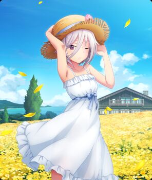  1girl armpits arms_up bare_arms bare_shoulders blue_bow blue_ribbon blue_sky bow chimney closed_mouth cloud cowboy_shot day dot_nose dress falling_petals flower flower_bed game_cg hair_between_eyes hand_on_headwear hat hat_flower hat_ribbon horizon house itomi_sayaka looking_at_viewer official_art one_eye_closed outdoors petals pink_flower purple_eyes purple_hair ribbon see-through_silhouette short_hair sky sleeveless sleeveless_dress solo spaghetti_strap straw_hat sundress third-party_source toji_no_miko toji_no_miko:_kizamishi_issen_no_tomoshibi tree water white_dress wide_brim wooden_house yellow_flower yellow_petals 