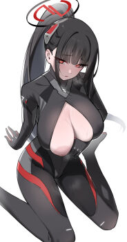  1girl absurdres arm_under_breasts black_halo blue_archive blunt_bangs blush bodysuit breasts commentary dongye1551 english_commentary gloves hair_ornament halo highres huge_breasts inverted_nipples long_hair looking_at_viewer looking_up multicolored_halo nipples no_bra nude official_alternate_costume official_alternate_hairstyle one_breast_out open_mouth ponytail red_eyes red_halo rio_(blue_archive) rio_(bodysuit)_(blue_archive) sidelocks simple_background sitting solo sweat thighs very_long_hair wariza white_background 