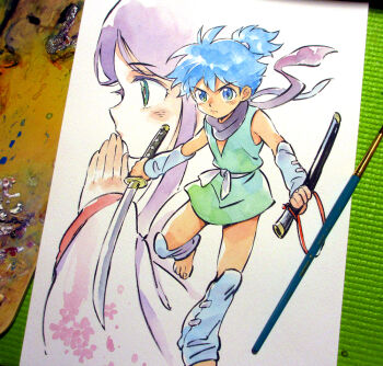  1boy 1girl agahari arm_warmers art_brush art_tools_in_frame barefoot belt black_hair blue_arm_warmers blue_eyes blue_hair blue_leg_warmers chasenmage closed_mouth commentary_request donbe_(shin_onigashima) eyelashes floral_print floral_print_kimono full_body green_eyes green_tunic hand_up hikari_(shin_onigashima) holding holding_sheath holding_sword holding_weapon japanese_clothes katana kimono leg_warmers long_sidelocks paintbrush painting_(medium) photo_(medium) pink_kimono print_kimono projected_inset purple_scarf sash scarf sheath shin_onigashima short_hair sidelocks standing standing_on_one_leg sword traditional_media tunic unsheathed upper_body v-shaped_eyebrows weapon white_belt white_sash 