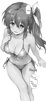 1girl bikini breasts bright_pupils cleavage collarbone commentary_request elf_(stroll_in_the_woods) english_text gluteal_fold greyscale hair_between_eyes hair_ribbon highres large_breasts long_hair looking_at_viewer lyrical_nanoha mahou_shoujo_lyrical_nanoha_strikers monochrome navel ponytail ribbon side-tie_bikini_bottom sidelocks simple_background solo swimsuit takamachi_nanoha thigh_gap white_background white_pupils 