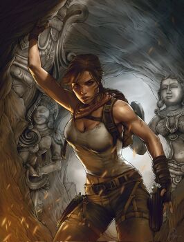  1girl arm_up asymmetrical_bangs backpack bag belt braid breasts brown_eyes brown_hair cave cave_interior dirty fingerless_gloves gloves gun handgun highres holster illyne_cosplay indian lara_croft leaning_forward looking_ahead navel pants parted_lips realistic red_scarf scarf signature single_braid solo solo_focus sparks statue sunlight tank_top thigh_holster thigh_strap tomb_raider weapon 