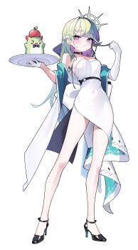  1girl absurdres asymmetrical_gloves bare_shoulders black_shoes braid breasts closed_mouth covered_navel dress elbow_gloves food fork fruit full_body gloves green_hair half_gloves hands_up high_heels highres holding holding_fork long_hair looking_at_viewer m_cream01 multicolored_eyes plate purple_hair shoes simple_background solo standing stellive strapless strapless_dress thighs uneven_gloves virtual_youtuber white_background white_dress white_gloves white_hair yuzuha_riko 