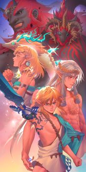  1girl 3boys absurdres anniversary archaic_set_(zelda) armlet bags_under_eyes bare_shoulders beard black_sclera blonde_hair blue_eyes body_markings braid choker clenched_hand colored_sclera commentary crown_braid demon_dragon_(zelda) dragon dress earrings eastern_dragon english_commentary facial_hair ganondorf green_eyes grey_hair grey_skirt grin hair_between_eyes highres horns jewelry laurel_crown light_dragon_(zelda) link long_hair master_sword mulchobab multiple_boys nintendo original own_hands_clasped own_hands_together poi pointy_ears princess_zelda red_eyes red_hair scar scar_on_chest secret_stone sidelocks skirt smile strapless strapless_dress sword teardrop_facial_mark teeth the_legend_of_zelda the_legend_of_zelda:_tears_of_the_kingdom thick_eyebrows topless_male triforce upper_body weapon yellow_eyes 