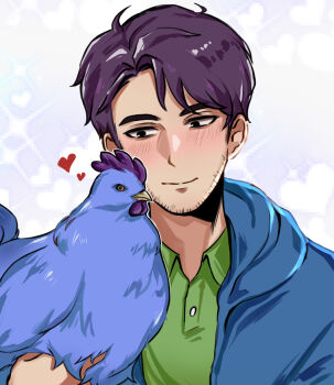  1boy animal bird black_eyes blue_chicken blue_hoodie blush chicken closed_mouth collared_shirt commentary e-ssentia-l facial_hair green_shirt heart highres holding holding_animal hood hoodie looking_at_animal male_focus purple_hair shane_(stardew_valley) shirt solo stardew_valley stubble symbol-only_commentary unnaturally_colored_animal upper_body 
