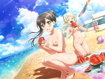  2girls bang_dream! beach black_hair blonde_hair breasts cleft_of_venus food fruit hair_bun hanazono_tae kneeling multiple_girls nipples nude nude_filter nudist outdoors pussy squatting third-party_edit tsurumaki_kokoro watermelon  rating:Explicit score:25 user:shelly69