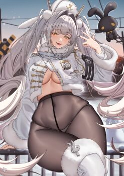  1girl absurdres armband black_armband black_pantyhose black_rabbit_(animal) blanc_(fortune_express)_(nikke) blanc_(nikke) boots breasts coat commentary_request fur-trimmed_collar fur_trim goddess_of_victory:_nikke hat high-waist_pantyhose highres jacket long_hair looking_at_viewer medium_breasts navel official_alternate_costume official_alternate_hairstyle panties panties_under_pantyhose pantyhose see-through_pantyhose shiny_skin skindentation smile solo split-color_clothes twintails underboob underwear very_long_hair white_boots white_hair white_hat white_nails winter_clothes winter_coat yellow_eyes yijie_xianyu 