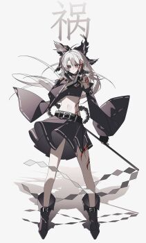  1girl absurdres alternate_color alternate_eye_color alternate_hair_color arm_tattoo bead_necklace beads belt between_fingers black_belt black_choker black_gloves black_sclera boots bow brown_boots brown_bow brown_skirt choker closed_mouth colored_sclera commentary corruption crop_top detached_sleeves embellished_costume fingerless_gloves frilled_hair_tubes frills full_body gloves gohei grey_hair hair_bow hair_tubes hakurei_reimu highres holding holding_gohei jewelry leg_tattoo long_hair looking_at_viewer midriff mismatched_sclera navel necklace ofuda ofuda_between_fingers red_eyes ribbon-trimmed_sleeves ribbon_trim shadow skirt skirt_set solo stomach_tattoo tattoo torn_bow touhou translation_request very_long_hair yexinhan yin_yang 