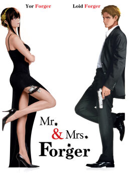  389696808 angelina_jolie brad_pitt crossed_arms dress evening_gown formal_clothes gold_hairband gun hairband high_heels highres holster movie_poster mr._and_mrs._smith parody spy_x_family thigh_holster third-party_edit title_parody tuxedo twilight_(spy_x_family) two-sided_dress two-sided_fabric weapon yor_briar 