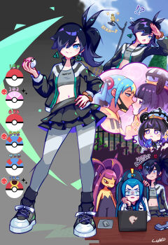  ! 4girls :o after_kiss alternate_color anger_vein black_hair black_jacket black_skirt blonde_hair blue_eyes blue_gloves blue_hair blunt_bangs bob_cut bracelet canari_(pokemon) chair chaoschao closed_mouth computer computer_mouse crop_top dark-skinned_female dark_skin earrings english_text eyelashes gen_1_pokemon gen_3_pokemon gloves gradient_hair gwynn_(pokemon) hair_over_one_eye hair_rings hand_on_own_hip harmony_(pokemon) hat highres holding holding_poke_ball imagining interracial jacket jewelry lamppost laptop long_hair long_sleeves looking_at_viewer love_ball mable_(pokemon) mask_pull mawile mega_mawile mega_pokemon mega_stone midriff multicolored_hair multiple_girls multiple_views navel nintendo open_clothes open_jacket open_mouth own_hands_clasped own_hands_together pantyhose partially_fingerless_gloves pidgey poke_ball poke_ball_(basic) poke_ball_symbol pokemon pokemon_(creature) pokemon_legends:_z-a purple_eyes purple_hair repeat_ball saliva saliva_trail shiny_pokemon shoes short_hair side_ponytail sitting skirt smile split-color_hair star-shaped_pupils star_(symbol) sweat symbol-shaped_pupils triangle_earrings two-tone_hair ultra_ball yellow_jacket yuri 
