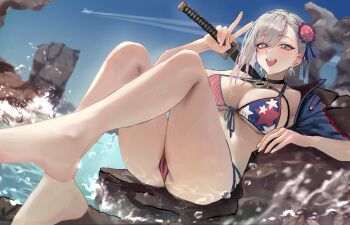  1girl american_flag american_flag_bikini american_flag_print asymmetrical_hair bikini blue_eyes breasts bun_cover commentary_request fate/grand_order fate_(series) flag_print flag_print_bikini large_breasts miyamoto_musashi_(fate) miyamoto_musashi_(fate/grand_order) miyamoto_musashi_(swimsuit_berserker)_(fate) miyamoto_musashi_(swimsuit_berserker)_(second_ascension)_(fate) print_bikini print_swimsuit shrug_(clothing) solo swimsuit v yjjwonm 