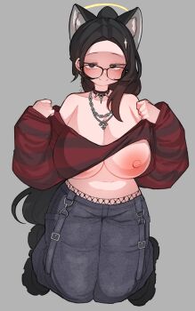  1girl absurdres animal_ears areola_slip bare_shoulders belly black_eyes black_hair black_shoes blue_pants blush breasts chain chain_necklace choker denim forehead full_body grey_background half-closed_eyes highres huge_breasts huge_nipples jeans jewelry kim_aendeo kneeling large_areolae legs_together long_hair looking_at_viewer navel necklace nipple_slip nipples no_bra off-shoulder_shirt off_shoulder original pants plump red_shirt shirt shoes smile solo spiked_choker spikes straight-on straight_hair striped_clothes striped_shirt wolf_ears wolf_girl 