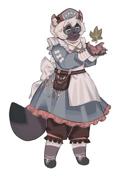  1girl a_starless_clan animal_ears animal_feet animal_hands ankle_ribbon apron belt belt_pouch black_bloomers bloomers blue_dress blue_eyes bow brown_belt cat_ears cat_girl cat_tail charm_(object) claws colored_eyelashes colorpoint_(pattern) commentary dress embroidery english_commentary fishing_net frostdawn full_body hat highres leaf leg_ribbon lolita_fashion long_sleeves mimi_(mourninglamby) nurse nurse_cap open_hands pawpads personification pouch ribbon seashell shell short_hair simple_background solo standing starclan_emblem tachi-e tail underwear warrior_cats white_apron white_background white_bow white_eyelashes white_hair white_ribbon 