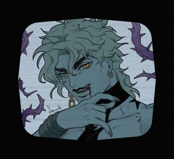  1boy birthmark black_border black_shirt blonde_hair blood blood_on_face border bracelet commentary dio_brando ear_birthmark earrings english_commentary fingernails hermit_purple highres jewelry joestar_birthmark jojo_no_kimyou_na_bouken licking_lips looking_at_viewer male_focus noquelle_art plant sharp_fingernails shirt solo stand_(jojo) stardust_crusaders thorns tongue tongue_out vampire vines yellow_eyes 