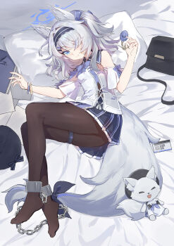  1girl absurdres animal_ears black_pantyhose bound bound_legs commentary_request cuffs fox_ears fox_girl fox_tail highres looking_at_viewer lying original pantyhose restrained sao7 shackles tail white_hair 