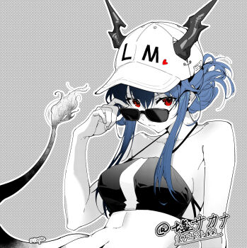  1girl adjusting_eyewear arknights bare_shoulders baseball_cap bikini black_bikini blue_hair breasts ch'en_(arknights) ch'en_(summer)_(arknights) closed_mouth collarbone commentary_request dragon_girl dragon_horns dragon_tail expressionless folded_ponytail hair_between_eyes hat highres horns horns_through_headwear looking_at_viewer medium_breasts official_alternate_costume red_eyes shio_sakana sidelocks spot_color swimsuit tail upper_body 