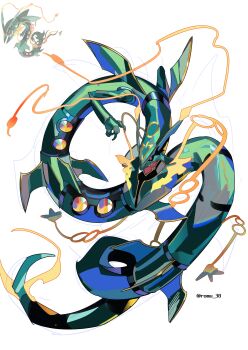  absurdres black_sclera claws colored_sclera dragon eastern_dragon gen_3_pokemon highres karmaho legendary_pokemon mega_pokemon mega_rayquaza nintendo no_humans official_art_inset open_mouth pokemon pokemon_(creature) pokemon_focus rayquaza red_eyes simple_background 
