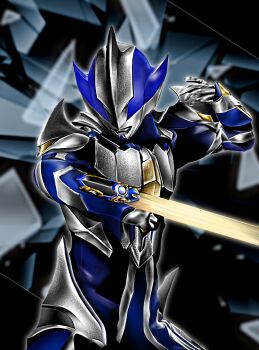 1boy alien arm_guards armor black_background blue_skin blurry blurry_background breastplate clenched_hand collarbone colored_skin commentary dorsal_fin energy_blade fighting_stance giant giant_male glass_shards hand_up hanejidyna86 head_down highres hunter_knight_tsurugi knight_brace legs_apart looking_ahead male_focus multicolored_skin pectorals pointy_ears shoulder_armor silver_skin solo standing tokusatsu twitter_username two-tone_skin ultra_series ultraman_hikari ultraman_mebius_(series) upper_body wrinkled_skin 