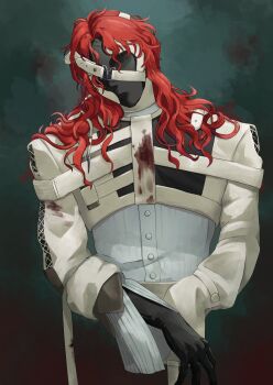  1boy aleph_(reverse:1999) black_gloves black_mask commentary_request covered_face cracked_mask dark_background facing_viewer gloves head_tilt highres kaibyo_sub long_hair male_focus red_hair reverse:1999 shirt solo upper_body white_shirt 