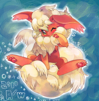  2010 animal_focus artist_name blue_background choko_(sweetpocket) commentary_request dated flareon fluffy full_body gen_1_pokemon green_eyes hand_up light_blush looking_at_viewer nintendo no_humans one_eye_closed outline pawpads pokemon pokemon_(creature) pokemon_focus sitting smile solo tail white_outline 