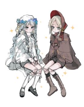  2girls alternate_height ascot black_shorts black_socks bloodborne blue_eyes bonnet boots braid brown_bonnet brown_cloak cloak commentary company_connection crossover doll_joints elden_ring elden_ring_nightreign flower_wreath frilled_socks frills full_body hands_on_lap hat hat_ribbon head_wreath highres jewelry joints lace-up_boots long_sleeves looking_at_viewer low_twin_braids mary_janes melo_(_suzume_o_) multiple_girls plain_doll red_ascot revenant_(elden_ring) ribbon shoes shorts sitting socks sparkle symbol-only_commentary trait_connection twin_braids veil white_background white_socks white_veil 