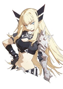  1girl absurdres armor blonde_hair blue_eyes bracelet cleavage_cutout clothing_cutout commentary crop_top cropped_arm cropped_torso elbow_spikes fingerless_gloves gloves hand_on_own_hip highres jackiemo0529 jewelry long_hair magik_(x-men) marvel marvel_tokon:_fighting_souls navel pauldrons shoulder_armor shoulder_spikes single_pauldron smirk solo spiked_bracelet spiked_pauldrons spikes stomach toned toned_female upper_body very_long_hair x-men 