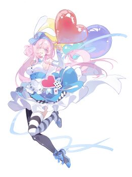  1girl ;o absurdres alternate_costume animal_ears asymmetrical_legwear balloon black_thighhighs blue_dress blue_eyes breasts dress elysia_(honkai_impact) fake_animal_ears full_body heart_balloon high_heels highres holding holding_balloon honkai_(series) honkai_impact_3rd large_breasts long_hair looking_at_viewer mismatched_legwear nizi_w one_eye_closed pink_hair rabbit_ears simple_background solo striped_clothes striped_thighhighs thighhighs two-tone_dress very_long_hair white_background white_dress 