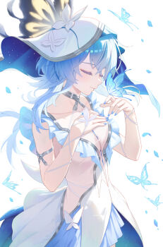  1girl absurdres armlet blue_butterfly blue_hair blue_nails blue_petals breasts bug butterfly butterfly_on_hand closed_eyes closed_mouth commentary cowboy_shot dress fingernails hand_on_own_chest hand_up hands_up highres insect jewelry keikei_(kitty_colors) long_hair medium_breasts nail_polish petals shorekeeper_(wuthering_waves) sleeveless sleeveless_dress solo veil white_background white_dress white_veil wuthering_waves 