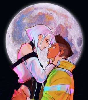  2girls bare_shoulders black_leotard brown_hair commentary couple cropped_jacket cyberpunk:_edgerunners cyberpunk_(series) dark-skinned_male dark_skin david_martinez english_commentary eye_contact eyeliner from_side full_moon hands_on_another's_cheeks hands_on_another's_face heattech_leotard high_collar highres huge_moon jacket leotard looking_at_another lucy_(cyberpunk) makeup mohawk moon multicolored_hair multiple_girls off-shoulder_jacket off_shoulder parted_lips pink_hair red_eyeliner sethkiel short_hair turtleneck undercut white_hair white_jacket yellow_jacket 