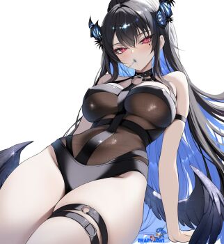  1girl arm_strap arm_support asymmetrical_horns belt between_breasts black_hair black_one-piece_swimsuit black_wings blue_hair blush breasts candy casual_one-piece_swimsuit collarbone colored_inner_hair commentary covered_erect_nipples drooling english_commentary facial_mark feathered_wings food hair_between_eyes halterneck heart heart_facial_mark high_ponytail highres hololive hololive_english horns hot_limit large_breasts leaning_back lollipop lollipop_in_mouth long_hair looking_at_viewer low-tied_long_hair multicolored_hair nerissa_ravencroft nerissa_ravencroft_(holonatsu_paradise) nyanyaqwi o-ring o-ring_thigh_strap official_alternate_costume one-piece_swimsuit ponytail saliva sidelocks simple_background solo sonic_(series) sonic_the_hedgehog swimsuit thick_thighs thigh_belt thigh_strap thighs uneven_horns very_long_hair virtual_youtuber white_background wings 