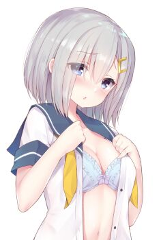  10s 1girl blue_bra blue_eyes blush bra breasts collarbone eyes_visible_through_hair female_focus hair_ornament hair_over_one_eye hairclip hamakaze_(kancolle) kantai_collection looking_at_viewer medium_breasts navel neckerchief open_clothes open_mouth sailor_collar school_uniform serafuku short_hair short_sleeves silver_hair simple_background solo underwear upper_body watanon_(gakushokutei) white_background yellow_neckerchief  rating:Sensitive score:25 user:danbooru