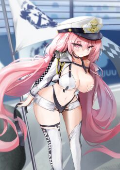  1girl asymmetrical_legwear azur_lane baltimore_(azur_lane) baltimore_(azur_lane)_(cosplay) baltimore_(finish_line_flagbearer)_(azur_lane) bikini breast_slip breasts choker cleavage commentary_request cosplay covering_one_breast covering_privates flag hat highleg highres jacket large_breasts long_hair long_sleeves navel one_breast_out outdoors peaked_cap perseus_(azur_lane) pink_eyes pink_hair race_flag race_queen shorts strap_break swimsuit taisanai thighhighs twintails unused_tire very_long_hair wardrobe_malfunction white_thighhighs 