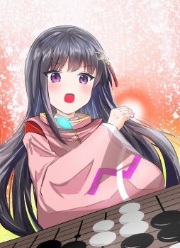  1girl absurdres atnamiret black_hair board_game commentary_request go_(board_game) hair_ornament hairpin heaven_burns_red highres long_hair nikaidou_misato open_mouth purple_eyes 